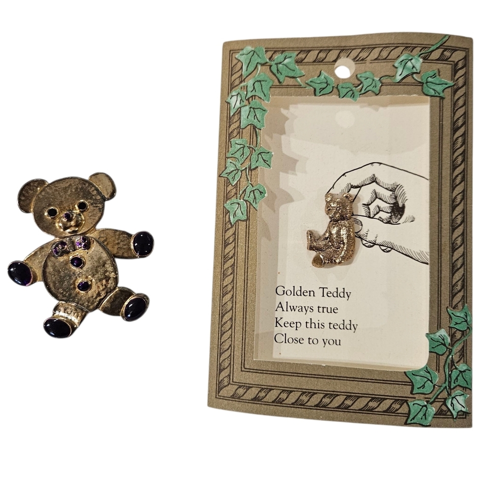 Vintage Set of 2 Golden Teddy Bears Brooch Pins Purple Rhinestones Gold Tone 90s